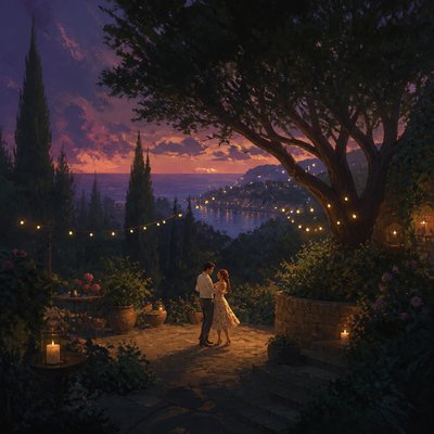 an original couple dancing under string lights in a garden at dusk: a man with short black hair in a linen shirt and a woman with braided red hair in a summer dress