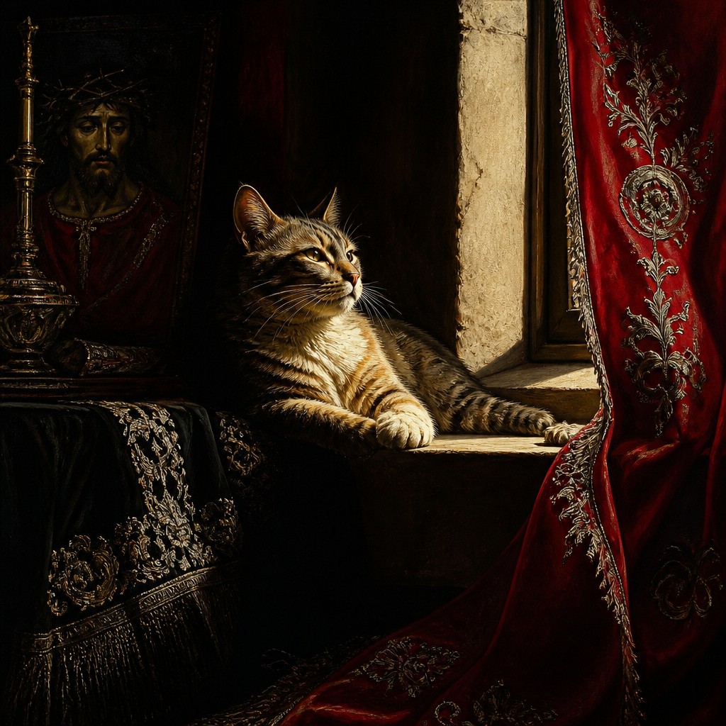 a cat lounging in a sunlit window — Spanish Art Style