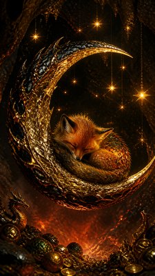 a sleeping baby fox curled on a crescent moon among soft stars, gentle and warm, no text