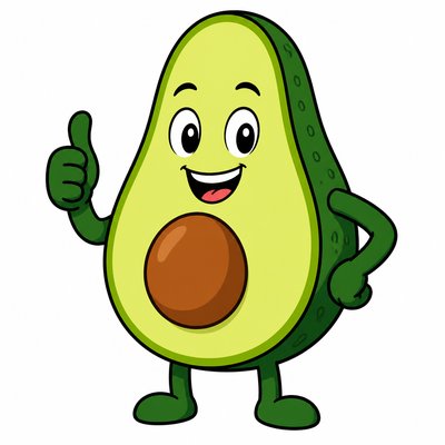 a happy avocado character giving a thumbs up, bold readable design on a plain background, no text