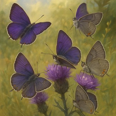 an up close look at several purple hairstreak butterflies fluttering around purple thistle flowers 