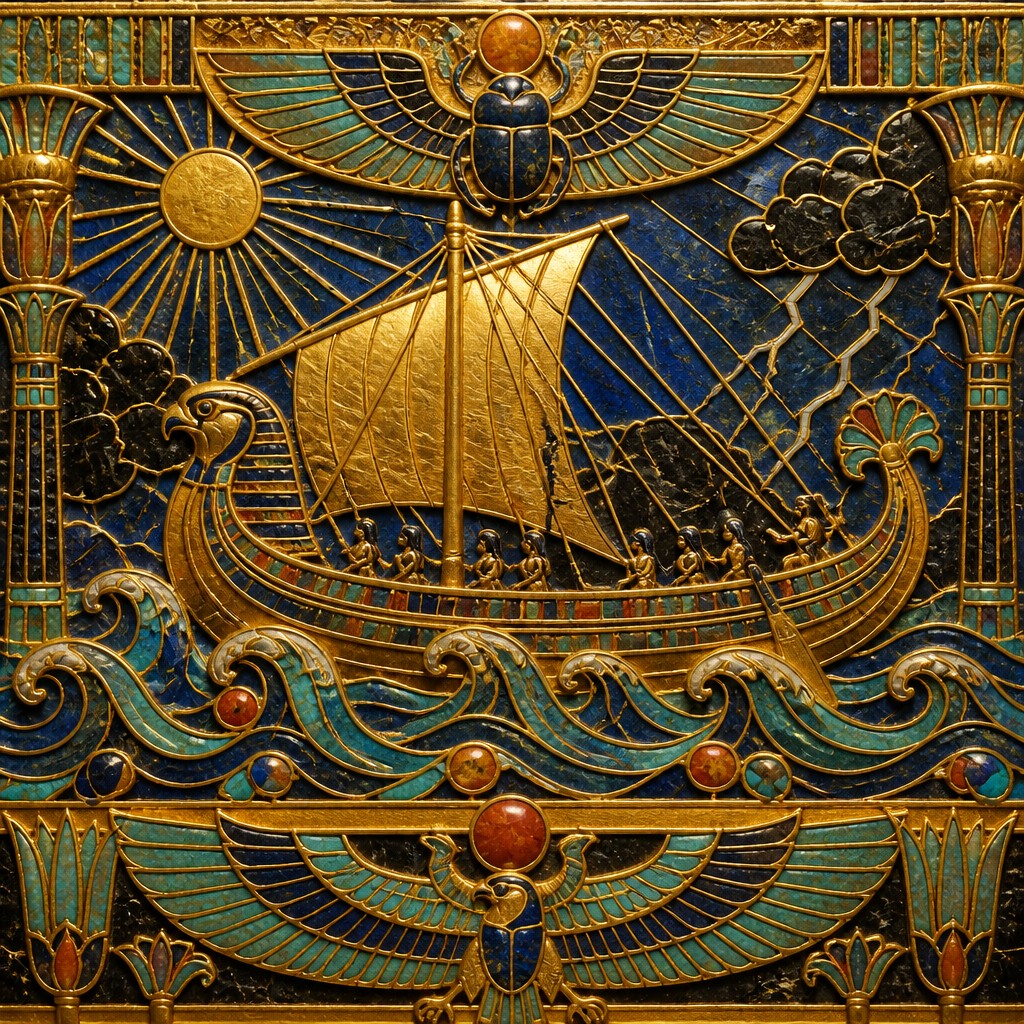 sailing ship on a stormy sea — Egyptian Revival Jewelry Style