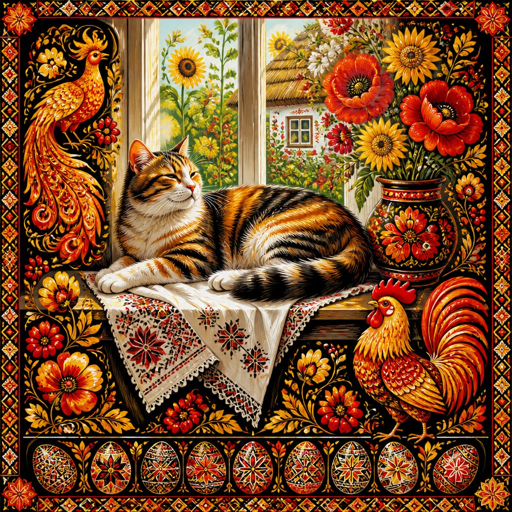 a cat lounging in a sunlit window — Ukrainian Art Style