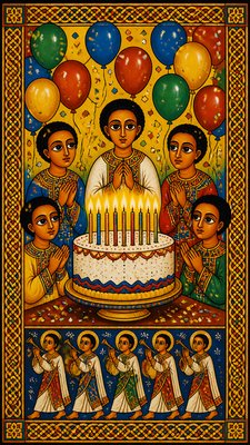 a birthday cake with lit candles surrounded by balloons and confetti, festive vertical composition, no text
