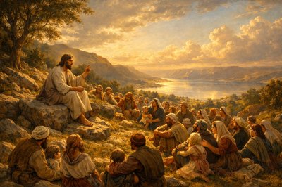 First century Palestine.  Jesus sits on a rock on a hillside teaching a large group of His disciples.  The Sermon on the Mount.  Jesus wears a plain robe like most ordinary men.  Jesus' face is kind, but intense, as He teaches. The other people are mostly peasants, farmers, and tradesmen.  There are also women present, wearing plain, everyday clothing.  Some couples have also brought their children.  The Sea of Galilee shines in the far distance.