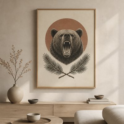 a roaring bear head above crossed pine branches, bold graphic composition on a plain background, no text