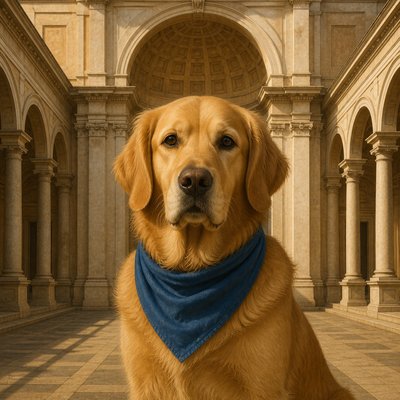 portrait of a golden retriever wearing a blue bandana, warm plain backdrop, no text