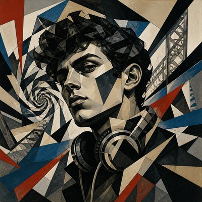 head-and-shoulders portrait of an original character: a young man with curly dark hair and headphones around his neck, plain backdrop, no text