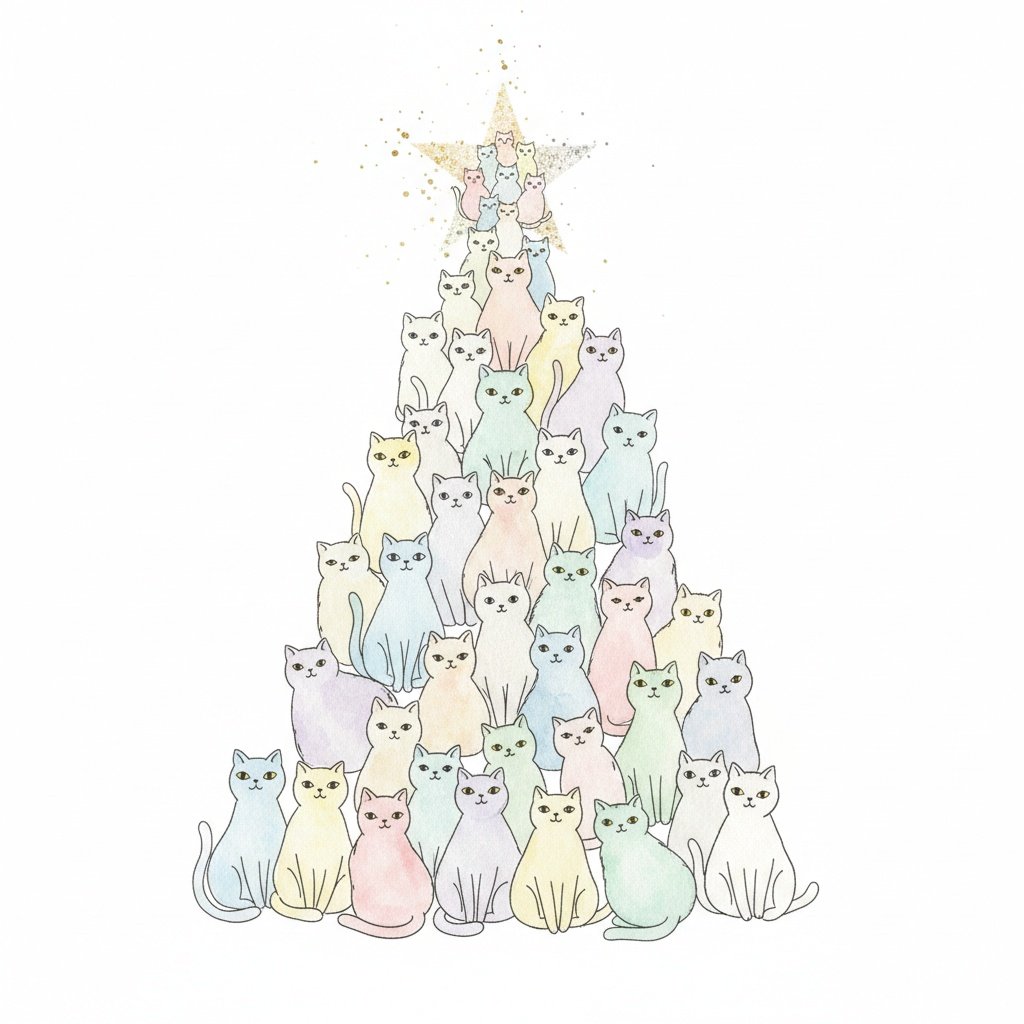  a whimsical christmas tree made of cats, with many small cats stacked on top to form the shape of an xmas star, white background, simple watercolor style, minimalism, pastel tones, simple details, hand-drawn illustration, pasted picture, simple lines, simple drawing style, white background, white space