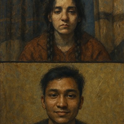 a painting of a man with long hair