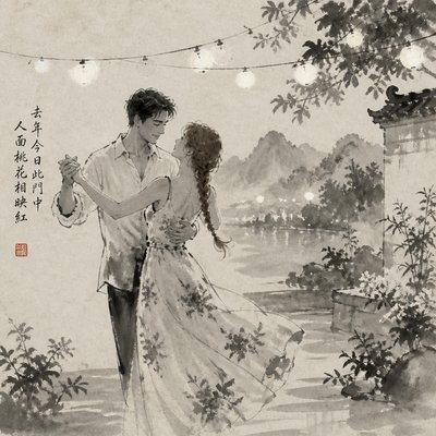 an original couple dancing under string lights in a garden at dusk: a man with short black hair in a linen shirt and a woman with braided red hair in a summer dress
