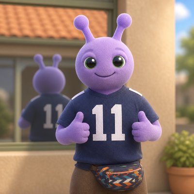 a purple stuffed animal with a number 11 on it's shirt