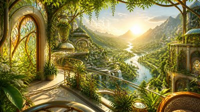 a vast valley with a river winding toward distant mountains at sunrise, no people, no text