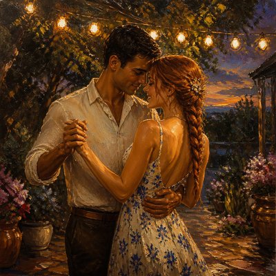 an original couple dancing under string lights in a garden at dusk: a man with short black hair in a linen shirt and a woman with braided red hair in a summer dress