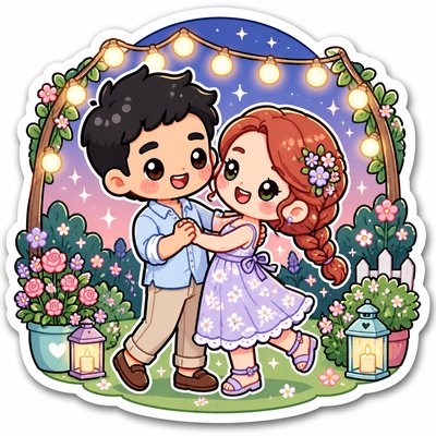 an original couple dancing under string lights in a garden at dusk: a man with short black hair in a linen shirt and a woman with braided red hair in a summer dress