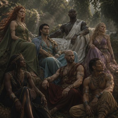 Je veux que tu me fasses des divinités au pluriel, un peu genre ancien très majestueux, mais qu'il soit pas genre vieux genre vers les 40 ans, on commence avec une temme, les cheveux roue, les yeux verts, elle est blanche elle est habillé en voile vert avec des bijoux doré, ensuite un brin, les cheveux un peu noir, genre vraiment cour, il a l'air un peu perse iranien, musclé il est habillé en bleu ciel avec un peu de doré. Un autre homme noir hyper grand et muscles genre enorme . Habillé en blanc et argenté. enfin une femme rose pourpre ou violet claire qui est blonde et or rose ou argenté. Enfin un homme habillé en rouge sombre. Il est blanc le crane rase et une barbe, il est musclé et sa tenue est sans manche. Et une femme noir habillé en noir et dore et un homme qui a l’air amérindien il a les cheveux court et il est habillé en marron beige et argenté il est musclé et sans tee shirt genre juste le pantalon Je veux vraiment qu’ils aient 40 ans et qu’il y ait une Vibe de Dieu ancien. Je veux vraiment que qu’on ait l’impression qu’il se repose genre qu’ils sont posés le vent vers les cheveux comme s’il était dans une bande bizarre, et je veux que les couleurs soient pas très agressives, genre qu’elles soient hyper hyper terne. La soie, un duo des voiles.
