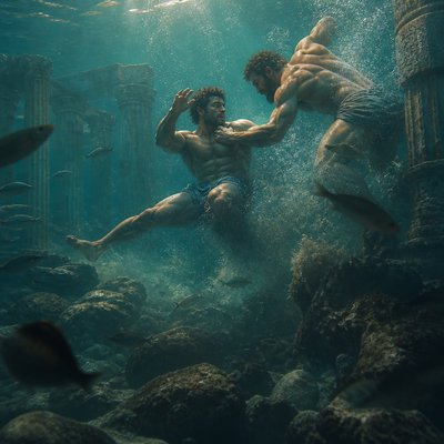 ancient greek ignudi swimmers fighting under water with fish nearby
