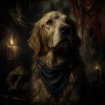 portrait of a golden retriever wearing a blue bandana, warm plain backdrop, no text