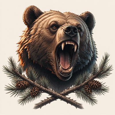 a roaring bear head above crossed pine branches, bold graphic composition on a plain background, no text