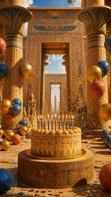 a birthday cake with lit candles surrounded by balloons and confetti, festive vertical composition, no text