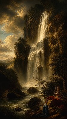 towering waterfall cascading down a cliff