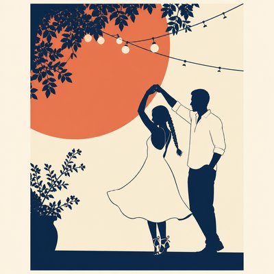 an original couple dancing under string lights in a garden at dusk: a man with short black hair in a linen shirt and a woman with braided red hair in a summer dress