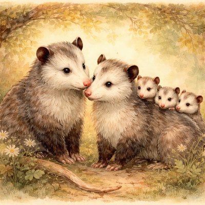 A opossum family with a father, mother, and four babies