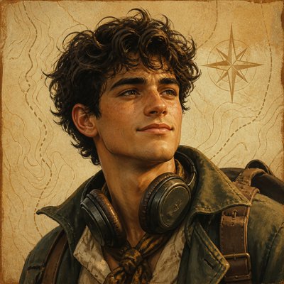 head-and-shoulders portrait of an original character: a young man with curly dark hair and headphones around his neck, plain backdrop, no text
