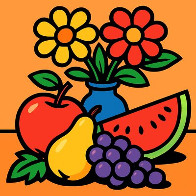 still life arrangement of fruits and flowers
