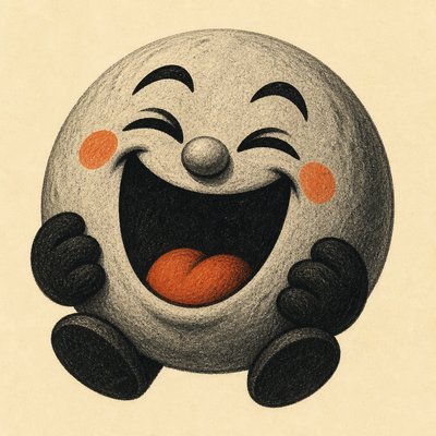 an exaggerated laughing face of an original round mascot character, bold and readable at small size, plain background, no text