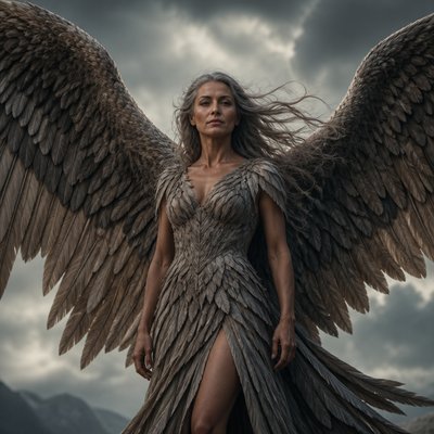 Fais moi une deesse et fort avec des cheveux marrons gris et agé et des ailes grises et marron immenses genre 3 fois ca taille , des ailes gigantesque d’aigle , elle est habille en plumes de oseaux sans bijou elle représente la deesese de l’aire c’est une humain avec des yeux des ailes et une tenue en ailes grise et marron , elle a pas de frange ses cheveux sont gris et long, elle a la 50 ene, elle est realiste
