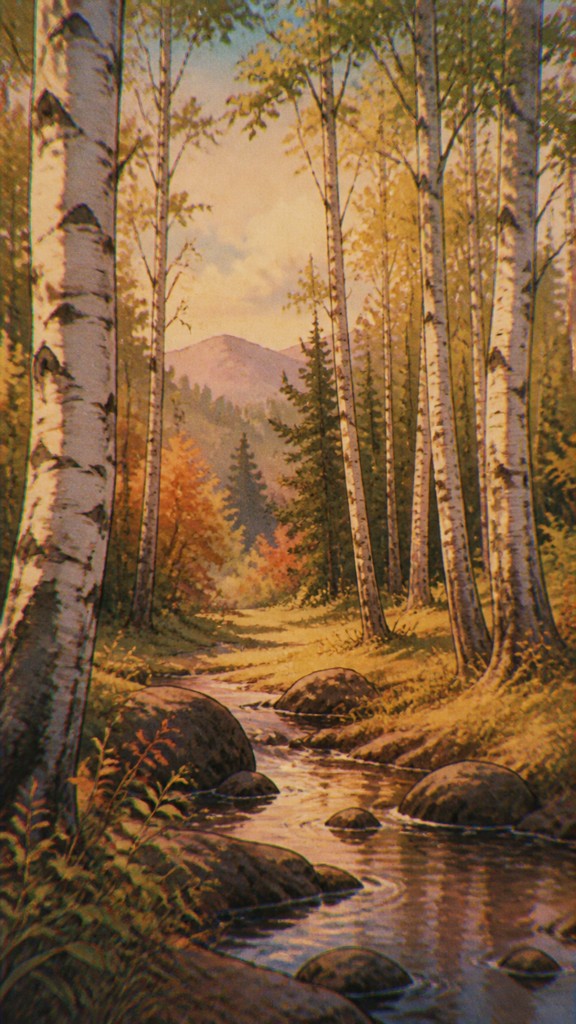 a serene birch forest in soft morning light, no people, no text