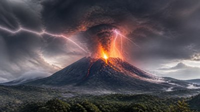 an erupting volcano with lightning strikes, dramatic wide composition, no text