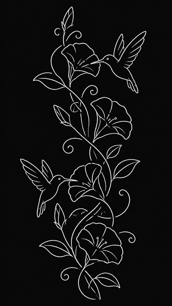 a climbing vine of flowers and hummingbirds on a dark background, tall wrapping composition, no text