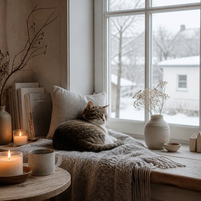 a cat lounging in a sunlit window