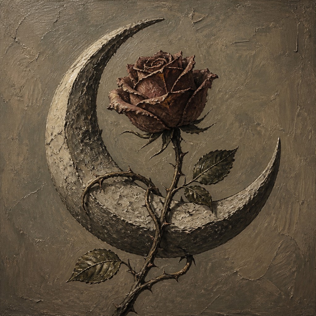 a rose entwined with a crescent moon, clean balanced composition on a plain background, no text