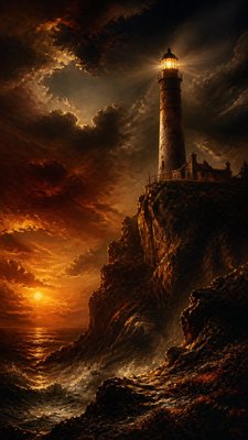 a lone lighthouse on a cliff at dusk under a dramatic sky, no text or lettering