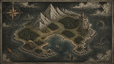 a map of an island realm with mountains, forests, a sheltered bay, sea monsters in the water and a compass rose, no text labels
