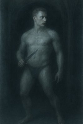 a painting of a man with a knife in his hand