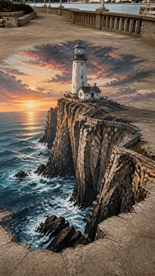a lone lighthouse on a cliff at dusk under a dramatic sky, no text or lettering