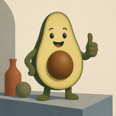 a happy avocado character giving a thumbs up, bold readable design on a plain background, no text