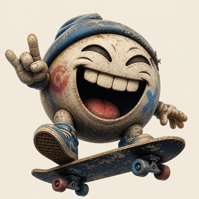 an exaggerated laughing face of an original round mascot character, bold and readable at small size, plain background, no text