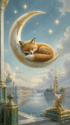 a sleeping baby fox curled on a crescent moon among soft stars, gentle and warm, no text