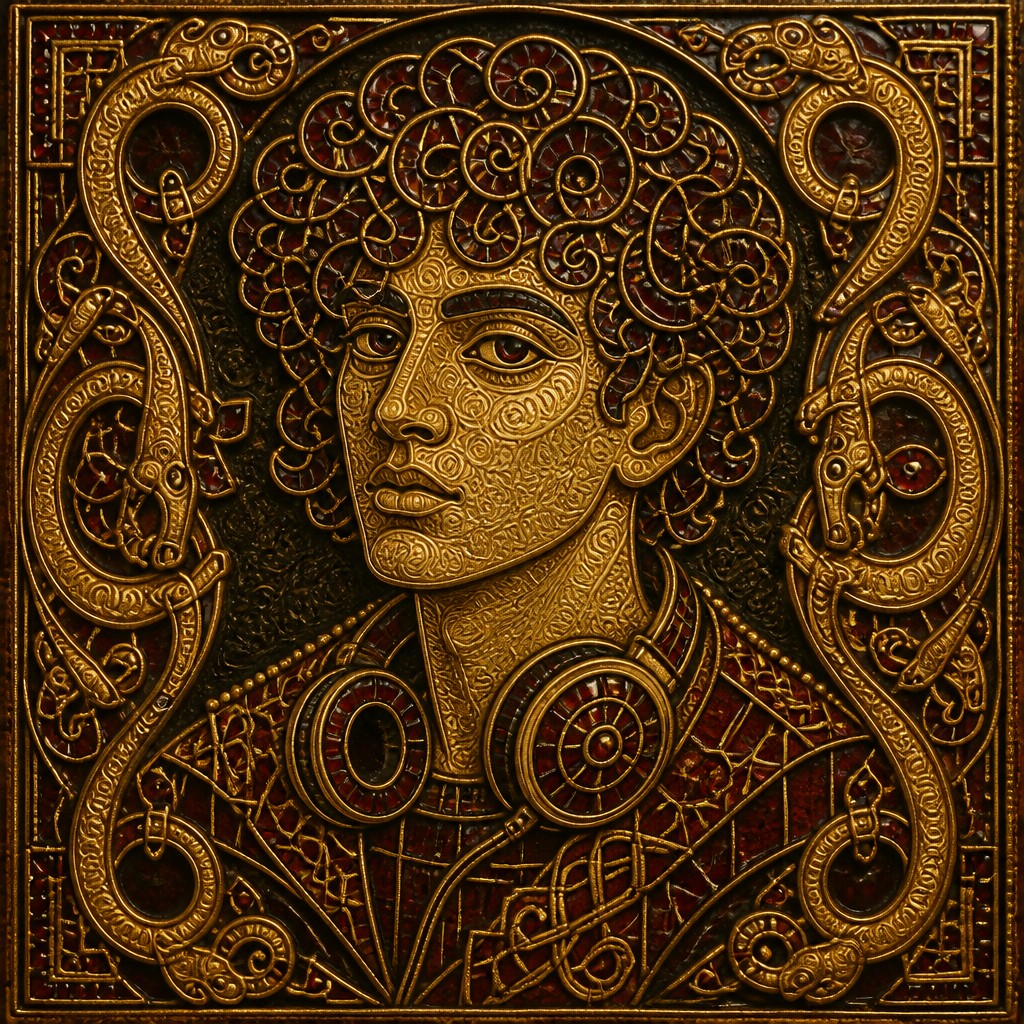 head-and-shoulders portrait of an original character: a young man with curly dark hair and headphones around his neck, plain backdrop, no text