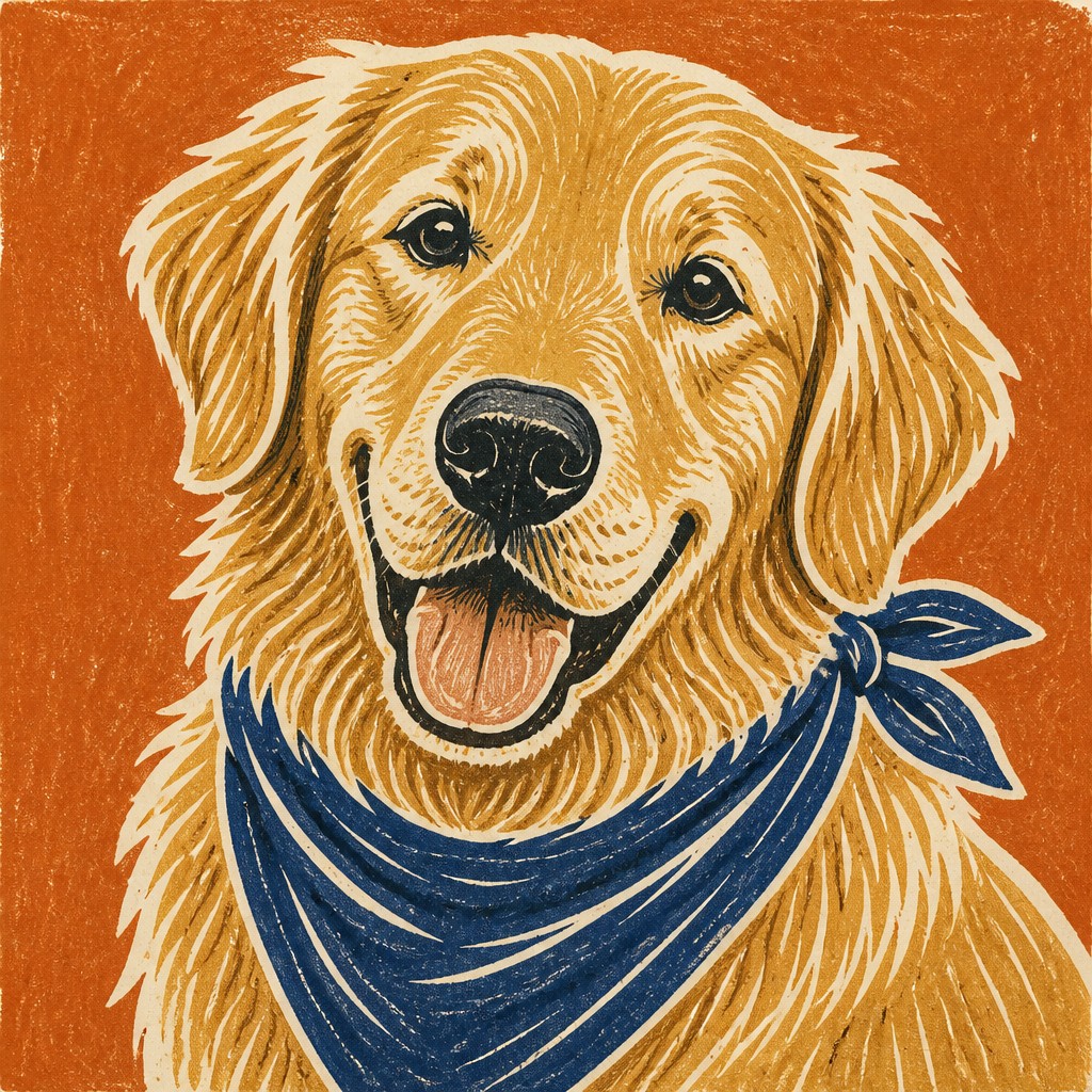 portrait of a golden retriever wearing a blue bandana, warm plain backdrop, no text
