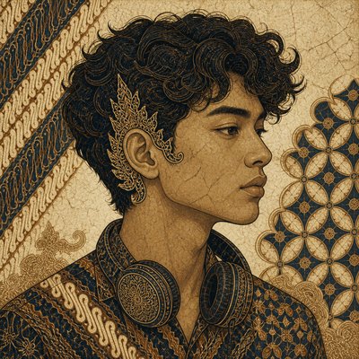 head-and-shoulders portrait of an original character: a young man with curly dark hair and headphones around his neck, plain backdrop, no text