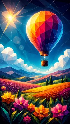 a hot air balloon drifting over rolling flower fields on a sunny day, cheerful, no text
