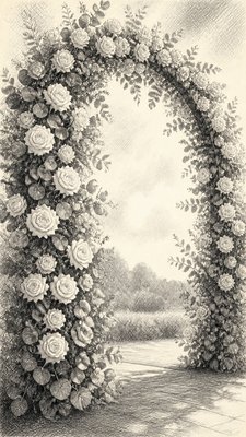an arch of white roses and eucalyptus in soft morning light, elegant vertical composition with open space, no text