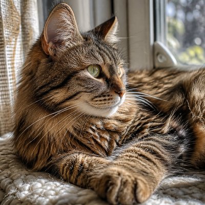 a cat lounging in a sunlit window