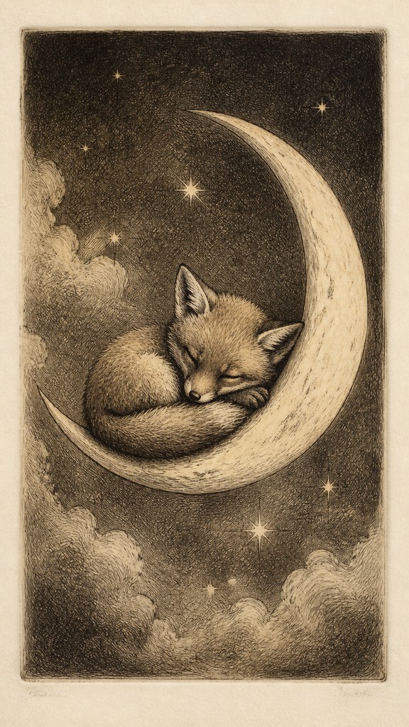 a sleeping baby fox curled on a crescent moon among soft stars, gentle and warm, no text